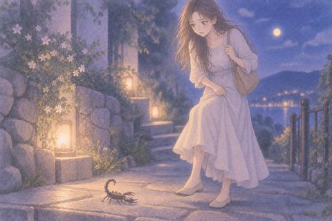 足元のサソリに気づき立ち止まる女性