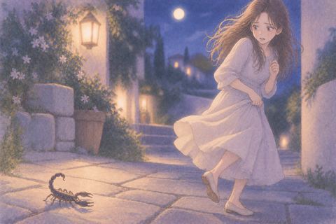 サソリから距離を取って逃げる女性