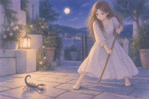 サソリに向き直り落ち着いて対抗する女性