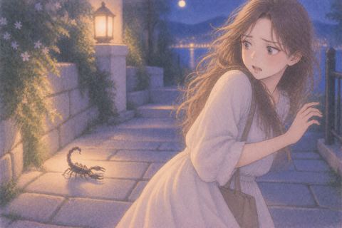 背後のサソリに驚いて振り返る女性