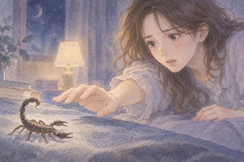差し出した手をサソリに刺される女性