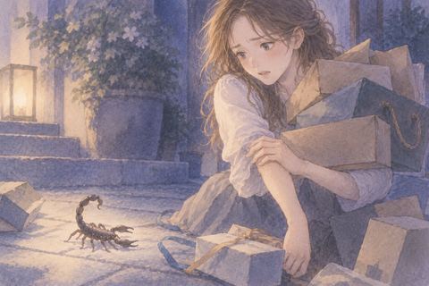 腕を刺され抱えていた荷物を見つめる女性