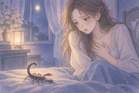胸元を押さえサソリを見つめる女性