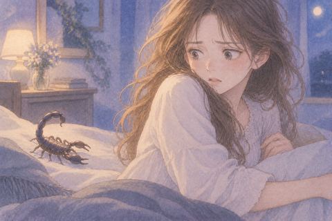 背後のサソリに気づき振り返る女性