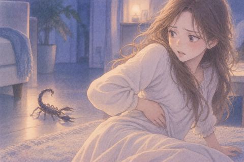脇腹を押さえ驚いて振り向く女性