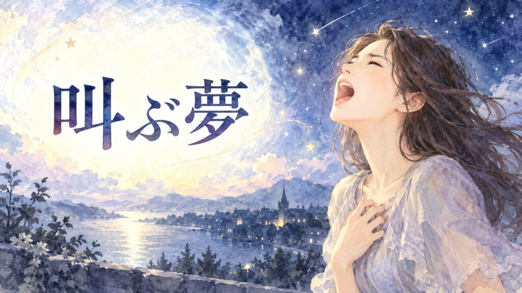 夜空の下で声を上げる女性と広がる光
