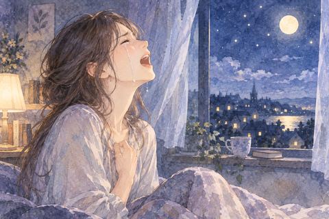 涙を流しながら夜空へ声を上げる女性