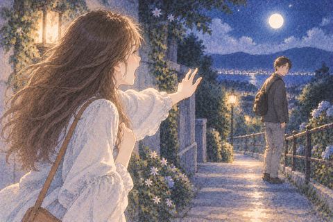 呼びかけに振り向く人を見つめる女性
