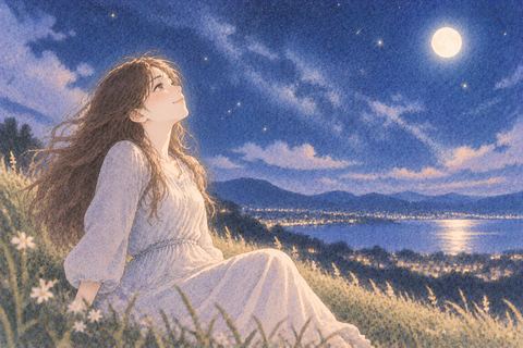 叫んだあと穏やかに夜空を見上げる女性