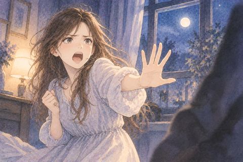 手のひらを前に向けて制止する女性