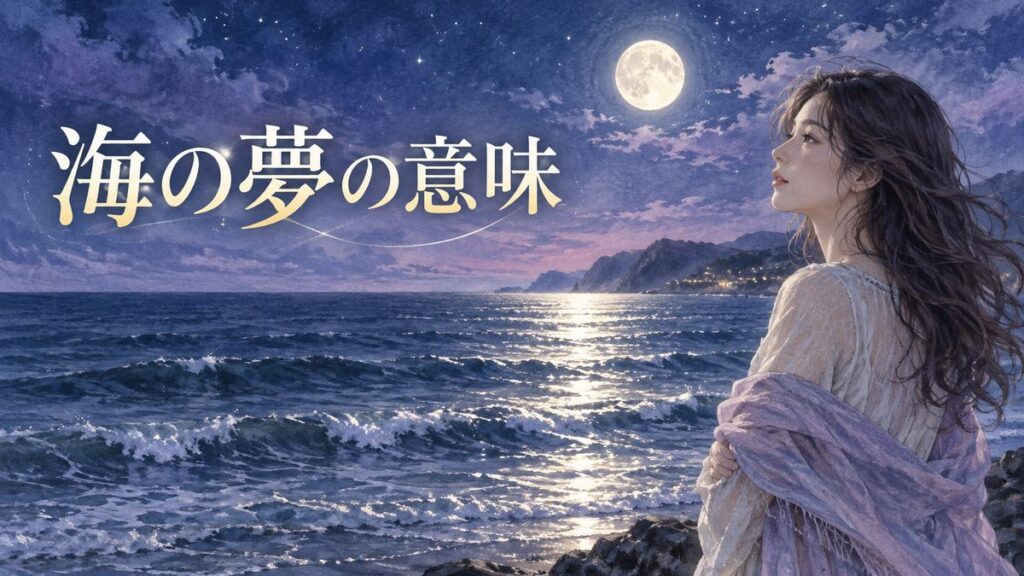 月明かりの海を見つめる大人の女性と穏やかな波