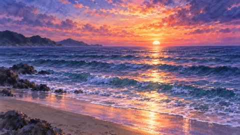 夕焼け色に染まる海と沈む夕日