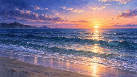 朝日が昇り始めて明るくなる海