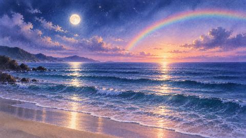 月明かりと淡い虹が重なる幻想的な海