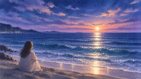 岸辺から静かな海を眺める後ろ姿の人物