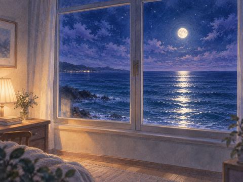 室内の窓越しに広い海が見える夜の景色