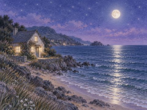 海のすぐそばに建つ明かりの灯った家