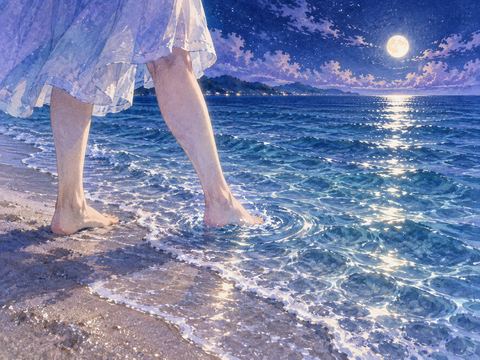 浅い海へ自分から足を入れる人物