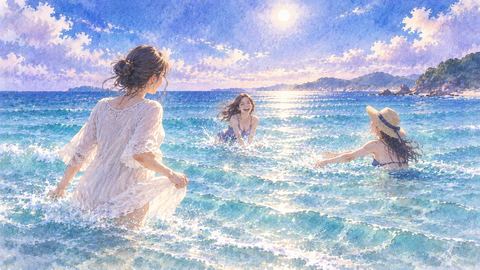 穏やかな海で楽しそうに水遊びする人たち