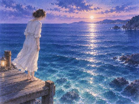 海を前に立ち止まる人物