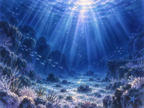 淡い光が差す静かな深海と海底