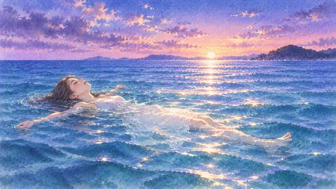 穏やかな海面に仰向けで浮かぶ人物