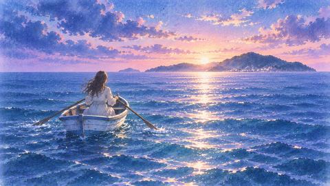 向こう岸へ続く海を進む小さな舟