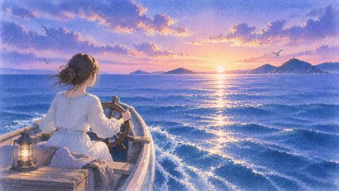 穏やかな海を進む小さなボートと操縦する人物