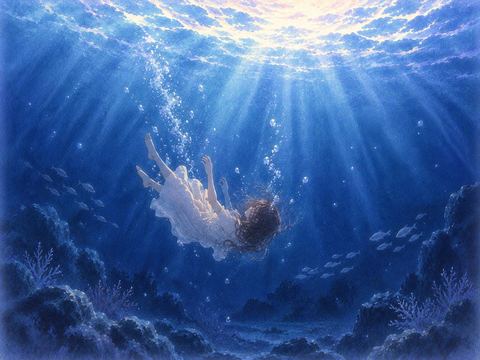 海中でゆっくり沈んでいく人物のシルエット