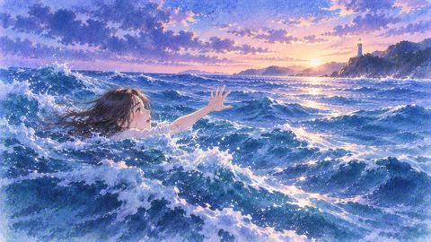 潮の流れに運ばれながら岸へ手を伸ばす人物