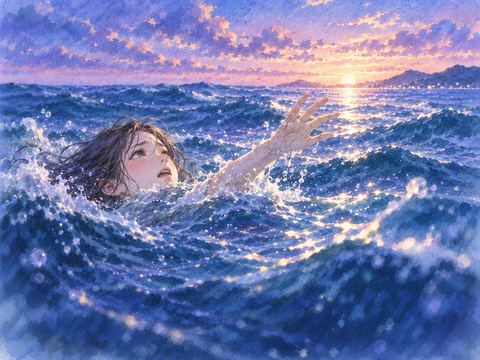 水面へ顔を出そうとする人物と穏やかな海