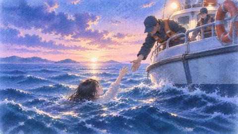 海上で救助船に助けられる人物