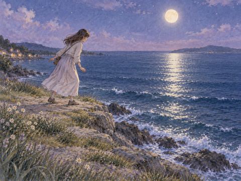 海辺の崖で足を止めて踏みとどまる人物