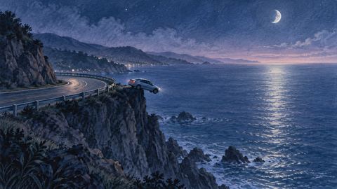 海辺の道から海へ落ちそうになる車