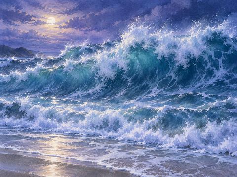 岸へ向かって大きな波が迫る海