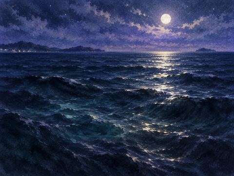 底が見えない暗い海と淡い月明かり