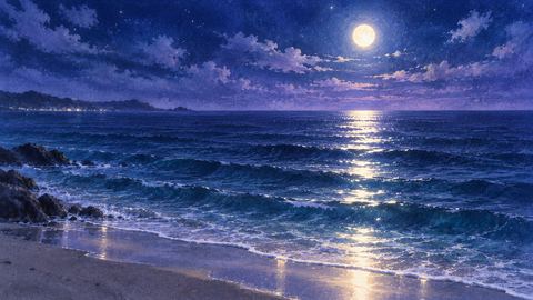 月明かりに照らされた静かな夜の海