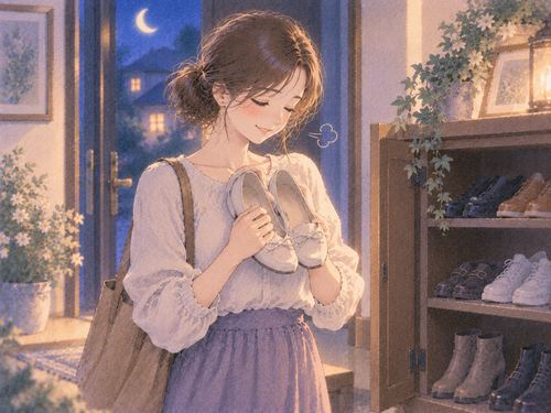 見つけた靴を手にしてほっとする女性