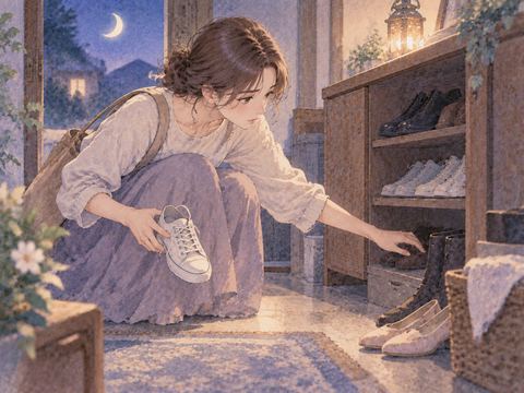 片方の靴を手にもう片方を探す場面