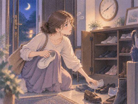 時計を気にしながら急いで靴を探す女性