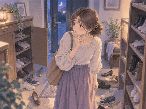 靴の置き場所が分からず困って見回す女性
