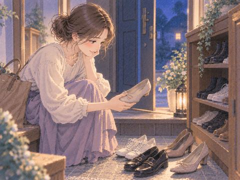 落ち着いて靴を一足ずつ確かめる女性