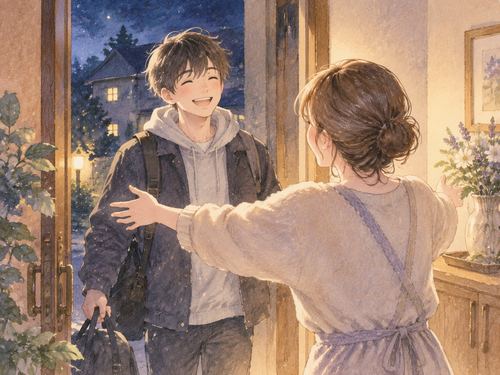 夜の玄関で帰宅する息子を迎える温かな場面
