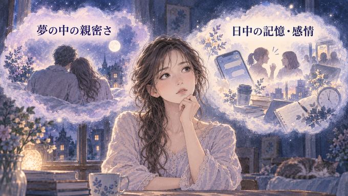 夢の中の親密さと日中の記憶や感情を分けて見つめる女性の図