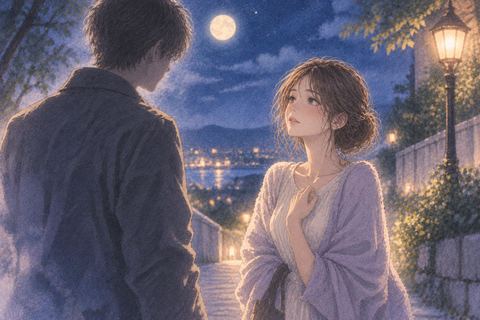 月明かりの道で顔の知らない人物と向き合う女性の夢