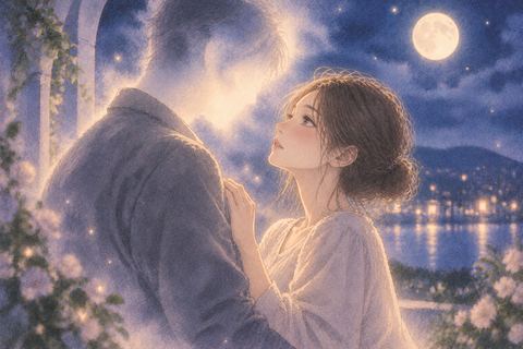 顔が光に溶けた人物と向き合う女性の幻想的な夢