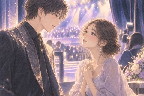 舞台照明の向こうに華やかな芸能人を見つめる女性の夢
