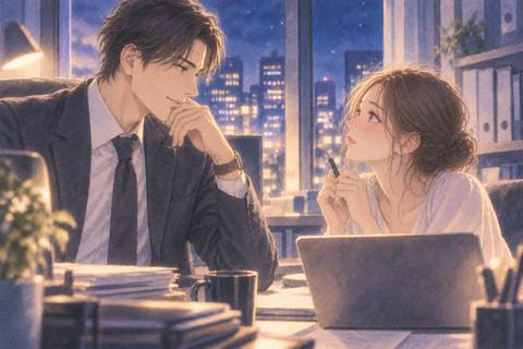 夜のオフィスで上司と向き合い少し緊張する人物の夢