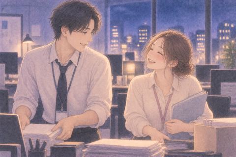 夜のオフィスで同僚と仕事を終えて笑い合う夢