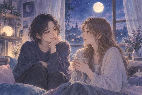 同性の二人が夜の窓辺で親しげに向き合う夢
